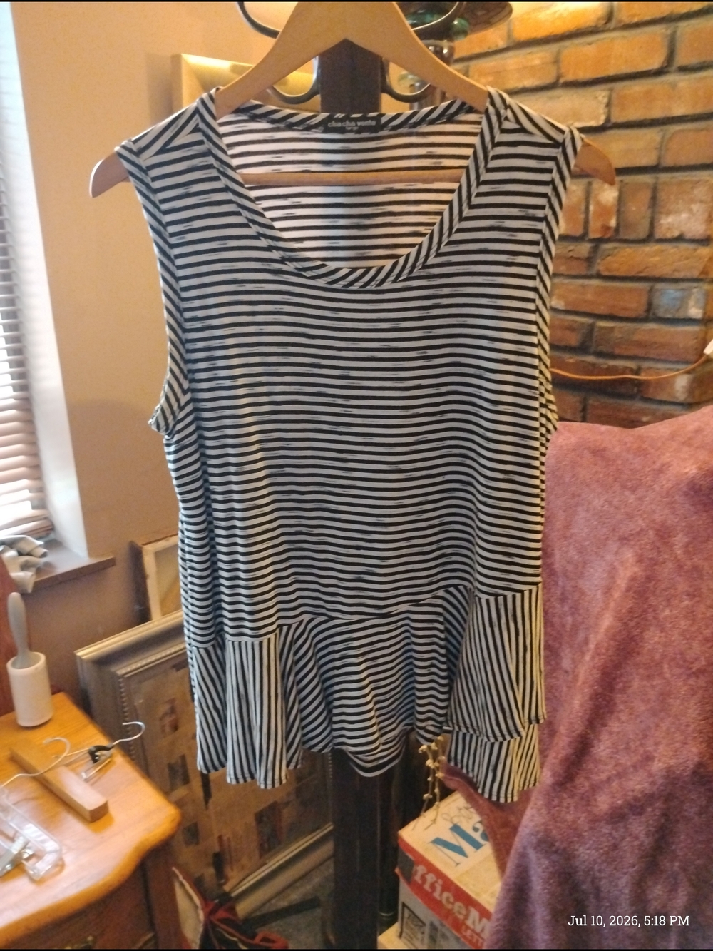 Cha Cha Vente Woman's Striped Sleeveless Peplum Top - Black & White Size L